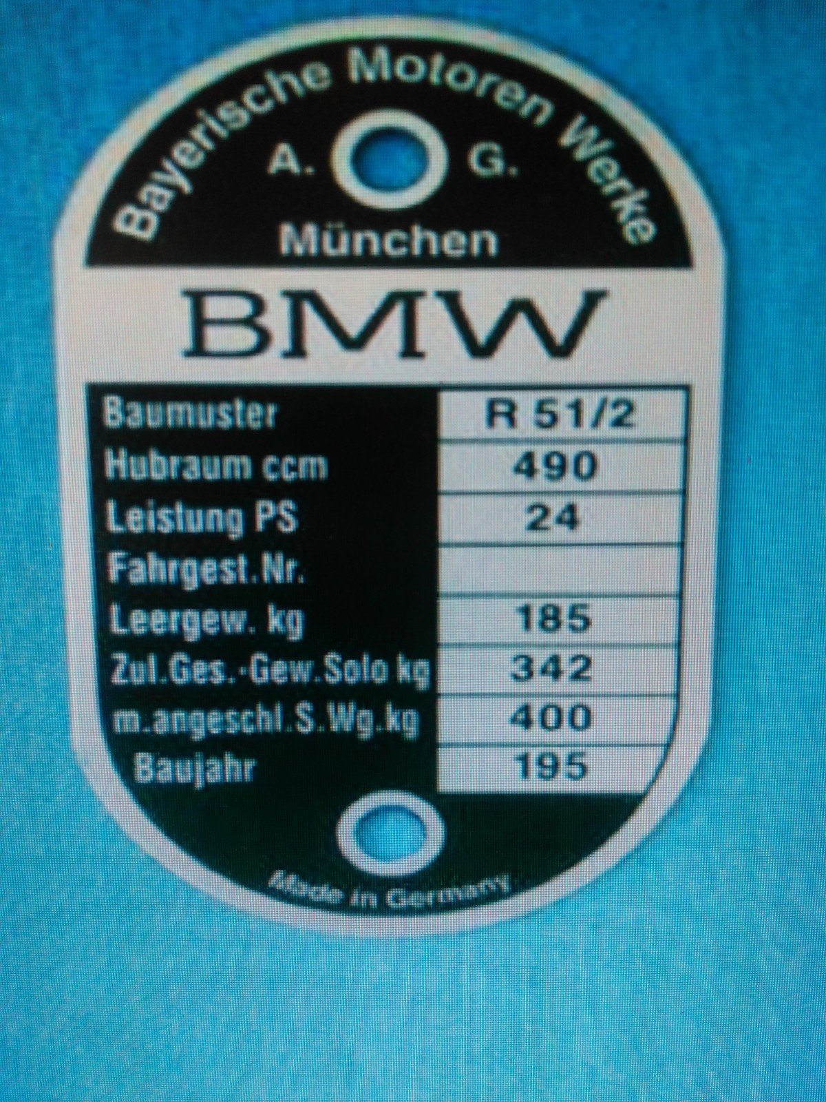 BMW Data Plate